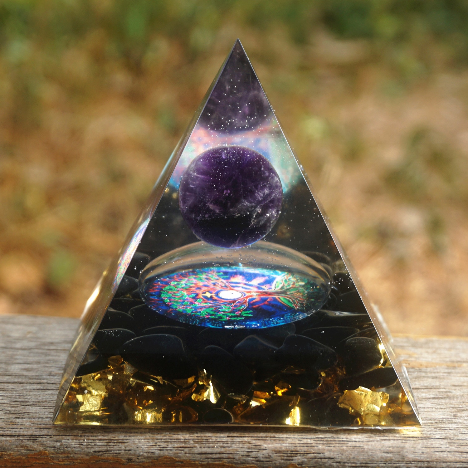 Orgonite Pyramid 60mm Amethyst Crystal Sphere With Obsidian Natural Cristal Stone Orgone Energy Healing Reiki Chakra Multiplier