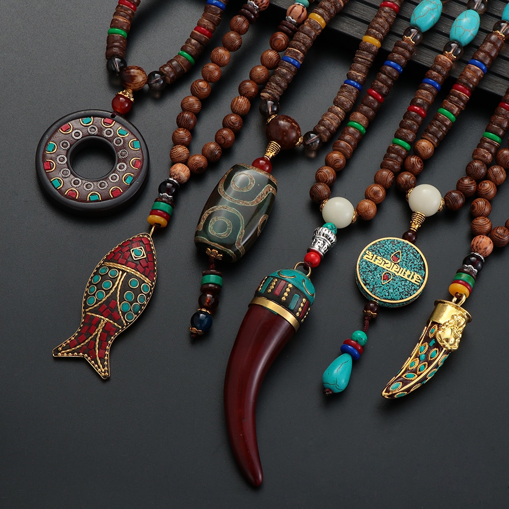 2020 New Ethnic Horn Fish Long Statement Necklace Handmade Nepal Buddhist Mala Wood Beads Pendant & Necklace Jewelry Women Men